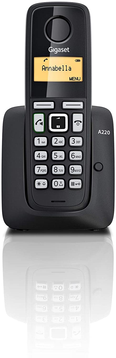 GIGASET A220 CORDLESS PHONE WITH 18 HRS TALK TIME, 200 HRS STANDBY, 50M INDOOR & 300M OUTDOOR RANGE, SPEAKERPHONE, 80 CONTACT STORAGE, MADE IN GERMANY FOR HOME & OFFICE, DECT, HANDS FREE, BLACK